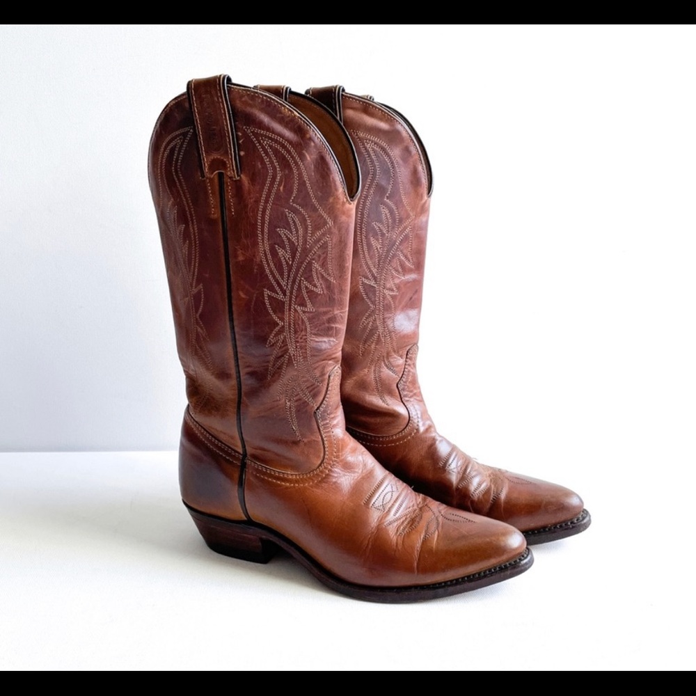 Boulet Brown Leather Pull On Pointed Toe Cowboy Boots Size 6.5 C
